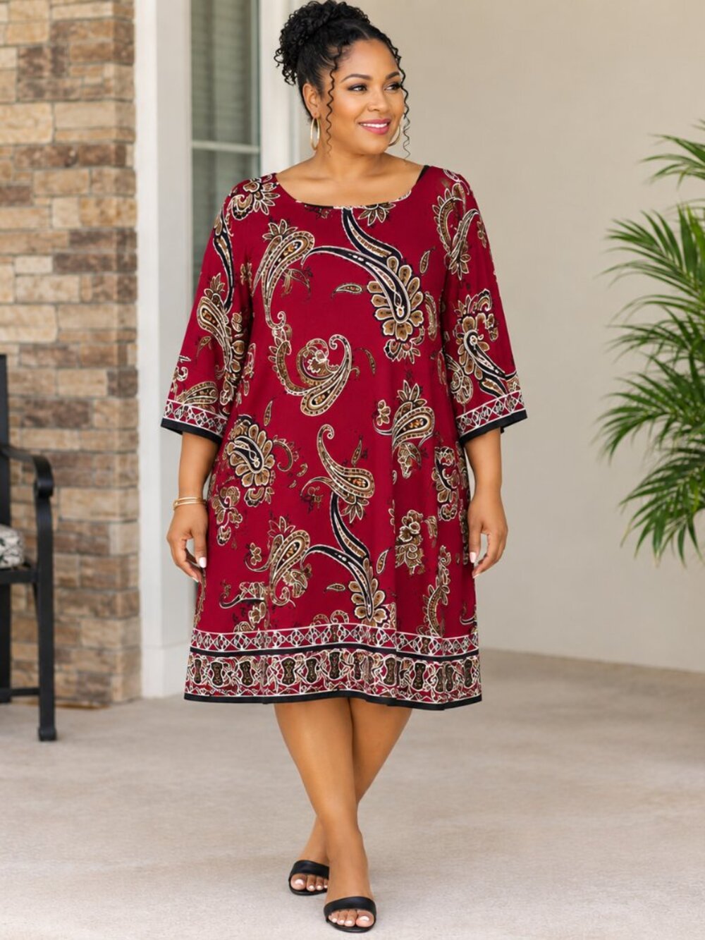 Sandra Darren XL Burgundy Paisley Shift Dress 3/4 Sleeve Boho Chic